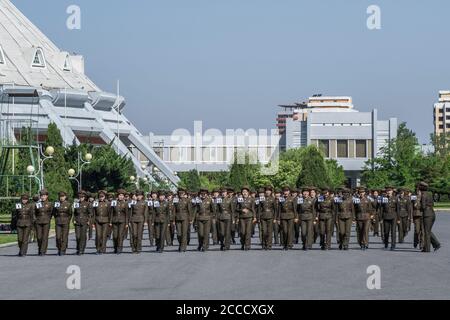 Nordkoreanische Kriegsfrau-Trupp in Vorbereitung für die Militärparade, Pjöngjang, Nordkorea Stockfoto