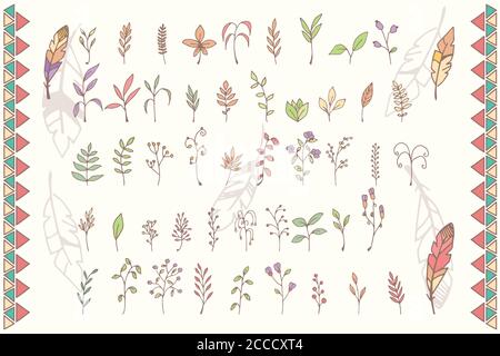 Sammlung von handgezeichneten Blumen mit Federn, Vektor-Illustration Stock Vektor