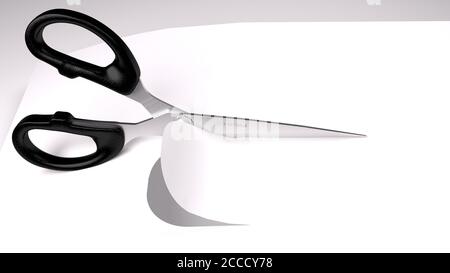 Scheren schneiden weißes Papier. 3D-Rendering Stockfoto