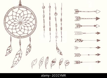 Handgezeichnete indianische Federn, Traumfänger, Perlen und Pfeile, Vektorgrafik Stock Vektor
