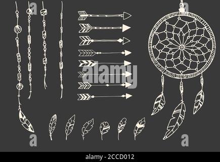 Handgezeichnete indianische Federn, Traumfänger, Perlen und Pfeile, Vektorgrafik Stock Vektor