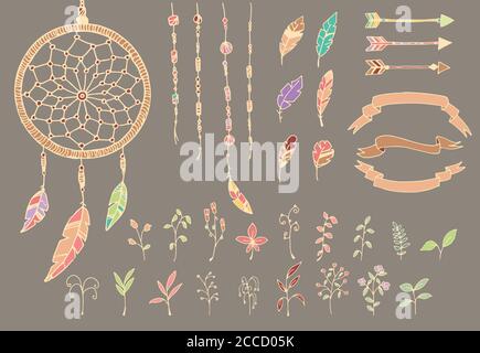 Handgezeichnete indianische Federn, Traumfänger, Perlen, Pfeile und Blumen, Vektorgrafik Stock Vektor