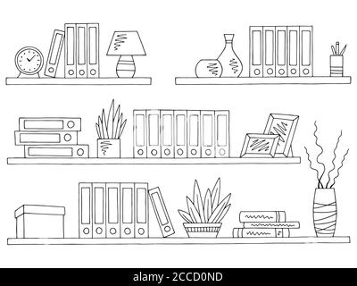 Regale setzen Grafik schwarz weiß isoliert Büro Skizze Illustration Vektor Stock Vektor