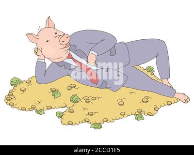 Schwein in einem Anzug, der auf einem Geldhaufen liegt Grafikfarbe isolierte Skizzendarstellung Vektor Stock Vektor