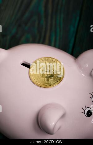 Sparschwein in Form eines Schweins. Bitcoin liegt in der Nähe. Stockfoto