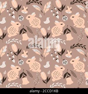 Nahtloses Muster mit Kaninchen, Marienkäfer, Vögel und Blumen, Vektorgrafik Stock Vektor