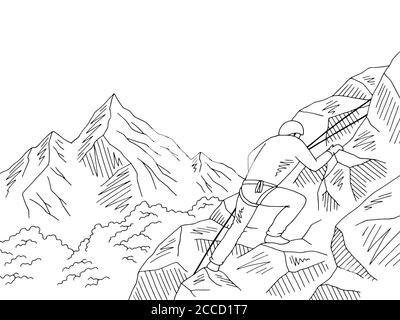 Alpinist Klettern eine Klippe Berg Grafik schwarz weiß Landschaft Skizze Illustrationsvektor Stock Vektor