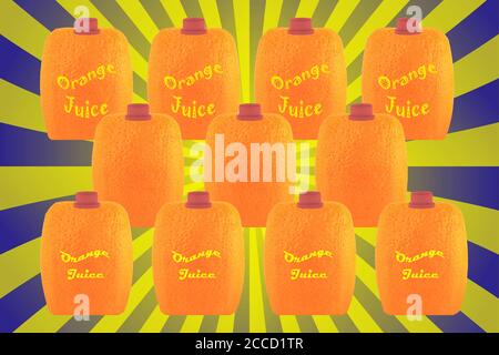 Orangensaft quadratische Verpackung auf einem Retro-Sunbrust-Hintergrund Stockfoto