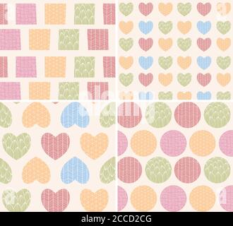 Vier Muster mit ornamentalen Linienzeichnungen, Herzen, Quadrate und Kreise, Vektorgrafik Stock Vektor