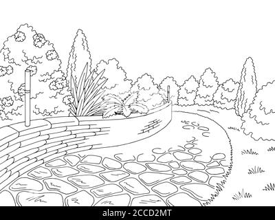 Park Grafik schwarz weiß Garten Landschaft Skizze Illustration Vektor Stock Vektor