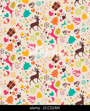Nahtlose Muster mit Weihnachtsbäumen, Rentiere, Geschenkboxen und Schneeflocken, Vektor-Illustration Stock Vektor