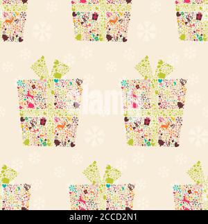 Nahtloses Muster mit ornamentaler Weihnachts-Geschenkbox mit Rentieren, Schneeflocken und Blumen, Vektor-Illustration Stock Vektor