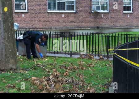NEW YORK, NY 18. AUGUST 2020: Polizisten der NYPD untersuchen eine Schießerei im Wohnkomplex Ravenswood Houses in Astoria. Stockfoto