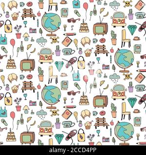 Alltägliche Dinge, handgezeichnete, bunte, nahtlose Muster, Vektor-Illustration Stock Vektor