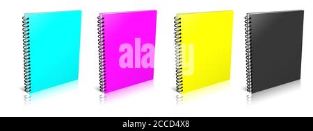Leere Spiral Notizbuch CMYK. Darstellung 3D-Rendering. Isoliert auf weißem Hintergrund. Stockfoto