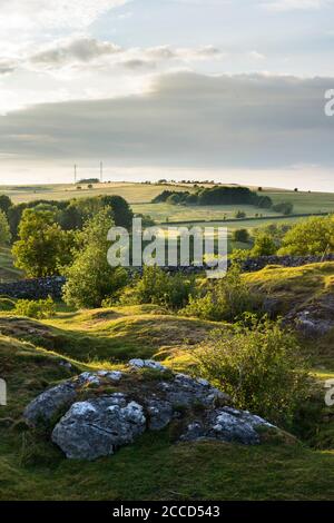 Abendlicht beleuchtet die Landschaft des Ubley Warren Nature Reserve auf den Mendip Hills, Somerset. Stockfoto