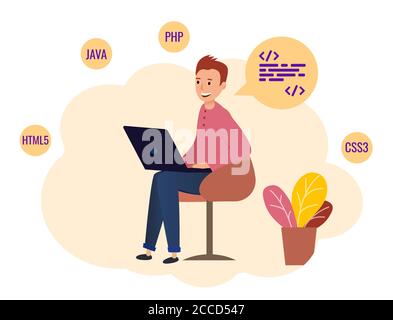 Programmierer sitzen mit Laptop und arbeiten. Schreibt Code, um eine Website in der Programmiersprache zu erstellen. Illustration des Konzepts des universellen Programmierers. Stock Vektor