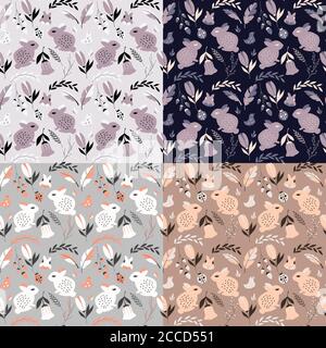 Sammlung von vier nahtlose Muster mit Kaninchen, Dame Käfer, Vögel und Blumen, Vektor-Illustration Stock Vektor