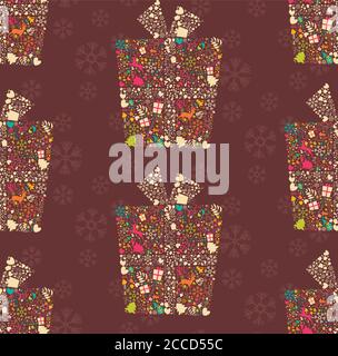 Nahtloses Muster mit ornamentaler Weihnachts-Geschenkbox mit Rentieren, Schneeflocken und Blumen, Vektor-Illustration Stock Vektor