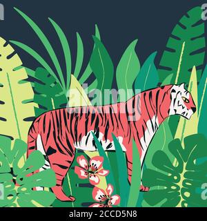 Handgezeichneter roter Tiger mit exotischen tropischen Blättern, flache Vektorgrafik Stock Vektor