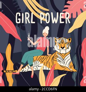 Eine Frau im Dschungel sitzt auf einem Tiger und trinkt Champagner. Mädchen Macht Feminismus Konzept. Flache Vektorgrafik Stock Vektor
