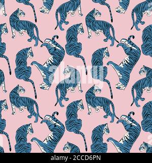 Handgezeichnetes Tiger-Nahtloses Muster, große Katzen in unterschiedlicher Position, blaue Tiger auf rosa, exotischer Hintergrund, flache Vektorgrafik Stock Vektor