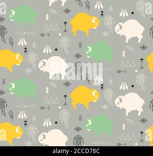 Nahtloses Muster mit niedlichen Baby Büffel und indianischen Symbolen, Vektor-Illustration Stock Vektor