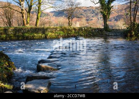 Trittsteine über den Fluss Derwent neben der furt im Borrowdale Valley bei Rosthwaite im Lake District National Park, Cumbria, England. Stockfoto