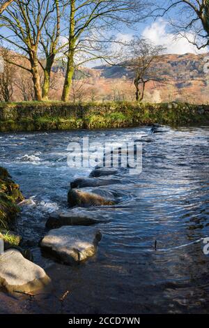 Trittsteine über den Fluss Derwent neben der furt im Borrowdale Valley bei Rosthwaite im Lake District National Park, Cumbria, England. Stockfoto