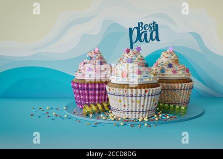 3d-Rendering von Best Dad Cupcakes auf einer Marmorplatte Stockfoto