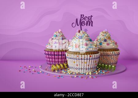 3d-Rendering von Best Mom Cupcakes auf einer Marmorplatte Stockfoto