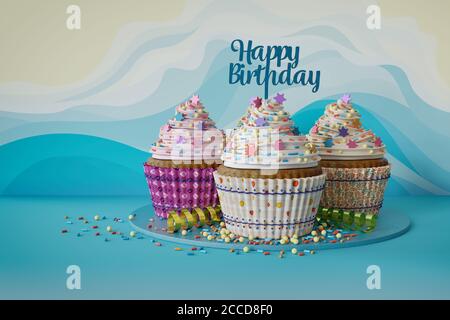 3d-Rendering von Cupcakes auf einer Marmorplatte Stockfoto