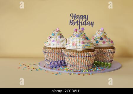 3d-Rendering von Jubiläums-Cupcakes auf einer Marmorplatte Stockfoto