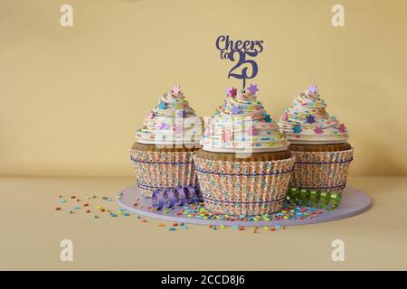 3d-Rendering von Jubiläums-Cupcakes auf einer Marmorplatte Stockfoto