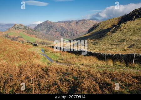 Herbstansicht von Castle Crag und Grange fiel bei Borrowdale von High Doat unterhalb von High Scawdel im Lake District National Park, Cumbria, England. Stockfoto