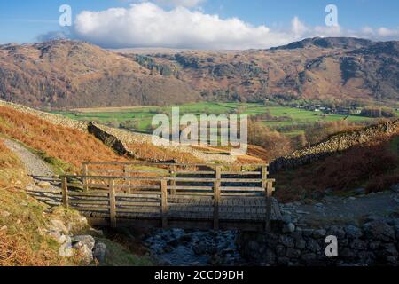 Eine Fußgängerbrücke über einen Bach unterhalb von High Scawdel mit Blick auf Rosthwaite im Borrowdale Valley mit Brund Fell und Great Crag im Lake District National Park, Cumbria, England. Stockfoto