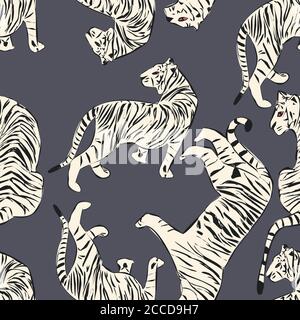 Handgezeichnetes Tiger-Nahtloses Muster, große Katzen in unterschiedlicher Position, weiße Tiger auf dunklem exotischen Hintergrund, flache Vektorgrafik Stock Vektor