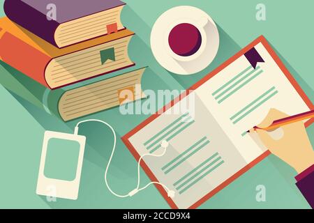 Schreiben in Notizbuch Hintergrund mit Stapel von Büchern und Kaffee Stock Vektor