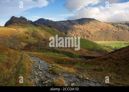 Ein herbstlicher Blick auf Castle Crag und das Borrowdale Valley mit Grange fiel im Lake District National Park, Cumbria, England. Stockfoto