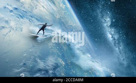 Mann auf eins mit der Natur Surfen die Welt entkommen Abenteuer Konzept Stockfoto