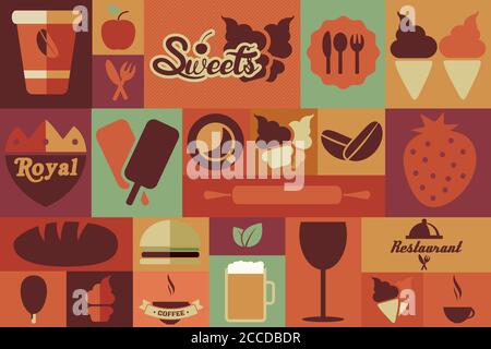 Kollektion von flachen Vintage Retro Food Ikonen, flaches Design Stock Vektor