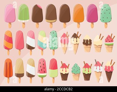 Riesige Sammlung von 28 köstlichen glänzenden leckeren Eis Eis Eis Eis Eis, Kugeln und Zapfen, Sommer-Leckerbissen, Vektor-Illustration Stock Vektor