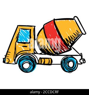 Kinderzeichnung. Beton Mischwagen Vektor. Flaches Design. Industrieverkehr. Baumaschine. Gelber LKW mit Mischer Stock Vektor
