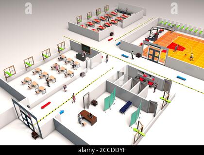 Klassenräume in einer Schule, neue Anti-covid-19-Maßnahmen. Coronavirus. 3d-Schnitt einer Schule, um korrekte soziale Distanzierung zu erhalten Stockfoto