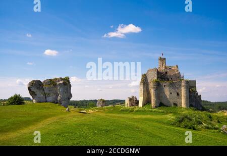 Ruinen der Burg Mirow aus dem 14. Jahrhundert in Polen. Mittelalterliches, monumentales Steingebäude liegt auf einem Hügel, umgeben von Kalksteinfelsen. Stockfoto