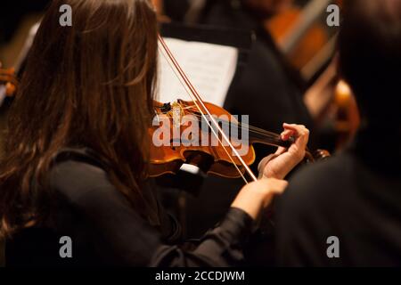 Nicht erkennbare weibliche Brünette Geigerin spielt in einem professionellen Orchester. Geringe Schärfentiefe. Stockfoto