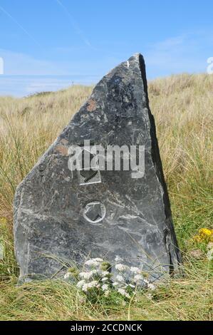 Geschnitzte Felsmarkierung für den Südwestküstenweg, der durch das Duneland bei Hayle in Nord-Cornwall führt. Stockfoto