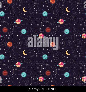 Universum mit Planeten und Sternen nahtlose Muster, Kosmos Sternenhimmel Nachthimmel, Vektor-Illustration Stock Vektor