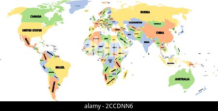Farbige politische Weltkarte mit schwarzen Etiketten von souveränen Ländern und größeren abhängigen Gebieten. Vereinfachte Karte. Südsudan eingeschlossen. Stock Vektor