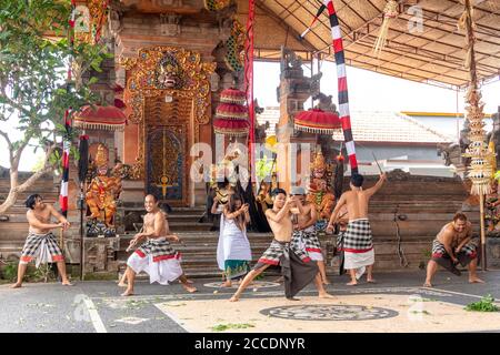 Barong Animal Dance ist einer der traditionellen einheimischen balinesischen Tänze. Es ist der bekannteste Tanz der balinesischen Kultur, der den Kampf zwischen erzählt Stockfoto